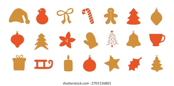 Vector set of christmas abstract hand-drawn design elements. Naive minimalist New Year icons.