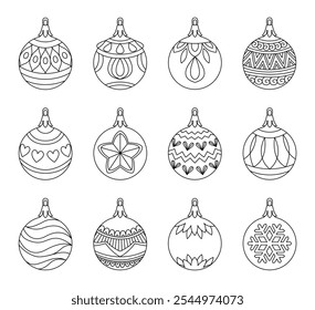 Vector set christmas ball doodle style. Hand drawn black and white isolated globe decorative for christmas trees, new year and christmas bauble coloring page. Vector illustration