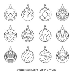 Vector set christmas ball doodle style. Hand drawn black and white isolated globe decorative for christmas trees, new year and christmas bauble coloring page. Vector illustration