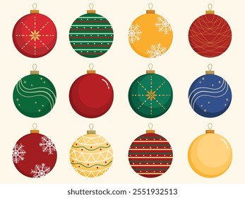 Vector set of Christmas balls decoration. Colorful Christmas tree bauble ornament. Set of Christmas glass balls illustration