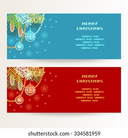 Vector set of Christmas banner with snowflakes and decoration. Festive template with text box for greeting, invitation, discount card. Holiday illustration for print, web