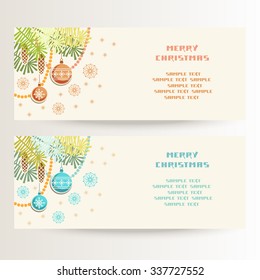 Vector set of Christmas banner with snowflakes and decoration. Festive template with text box for greeting, invitation, discount card. Holiday illustration for print, web