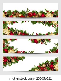 Vector set of Christmas banners with fir branches, balls, holly, poinsettia and cones.