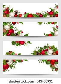 Vector set of Christmas banners with red, white and green fir branches, balls, holly, mistletoe and cones.