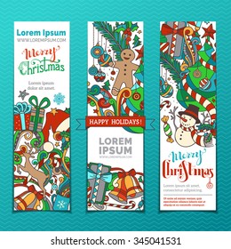 Vector set of Christmas banners. Three vertical templates for your design. Christmas tree and baubles, snowman, deer, ribbons, Santa hat, holly berries, candy canes, gingerbread man and swirls. 