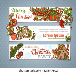 Vector set of Christmas banners. Christmas tree and baubles, Santa sock, hand-written text, holly berries, gifts, candle, candy canes, gingerbread man, deer, sweets, ribbons, stars, cup, candle.