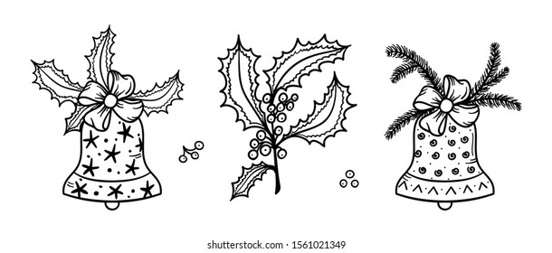 Vector Set of Christmas Bells with Bow, Christmas Fir Tree Branches, Holly Berries and Leaves. Hand Drawn Doodle Jingle Bells with Ribbon, Mistletoe or Ilex Branches. Black and White Illustration