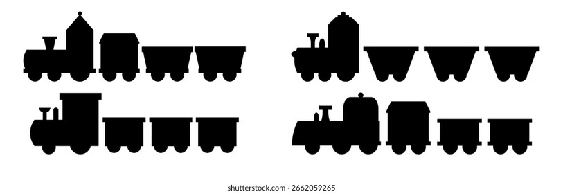 Vector conjunto de Formas negras de Navidad tren de juguetes aislados sobre fondo blanco. Clipart para la tarjeta de felicitación de la Navidad, postal