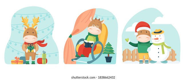 Vector Set of Christmas Bulls. New year's Holiday Leisure.Celebration Funny Animal with Festive Elements.Collection for greeting card. Kid's Character reading book. Cute Snowman.Cartoon Illustration.