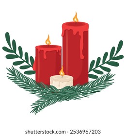 Vector Set Christmas burning candles, leaves and fir branches on white background. Winter Christmas cozy red and white candles with wax leaking. Candle icon for decoration