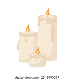 Vector Set Christmas burning candles on white background. White candles with wax leaking. Candle icon for decoration