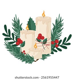 Vector Set Christmas burning candles, leaves, mistletoe, holly berries and fir branches. Winter Christmas cozy ornaments and white candles with wax leaking. Candles icon for decoration