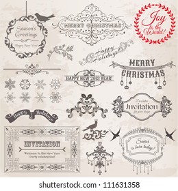 Vector Set: Christmas Calligraphic Design Elements and Page Decoration, Vintage Frames