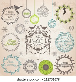 Vector Set: Christmas Calligraphic Design Elements and Page Decoration, Vintage Frames