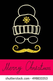 Vector Set Christmas Calligraphic Design Elements and Page Decoration, hat glasses and mustache hipster with golden texture