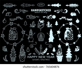 Vector set of Christmas calligraphic elements for design (arrows, holiday signs and symbols). Chalkboard style