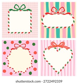Conjunto de Vector con Navidades bordes de caña de caramelo en rojo y verde con arcos en varios fondos estampados para diseños de vacaciones