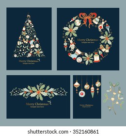 Vector set: Christmas card with Christmas decorations, wreath
and Christmas tree .hand drawn 