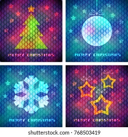 Vector set of christmas card with sparkling decoration and snowflakes. Holiday background in retro style. Collection of cute illustration for print, web