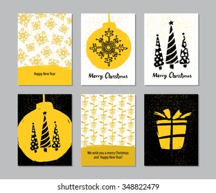 Vector set of Christmas card templates. Xmas greeting cards with Christmas trees, snowflakes and gift designs.