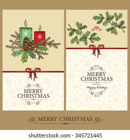 Vector set: Christmas cards with candles and holly. hand drawn