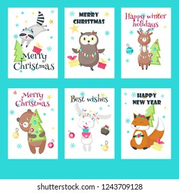 Vector set of Christmas cards with cute animals and holiday greetings. Happy bunny fox raccoon owl deer bear with gift boxes, christmas trees, balls, lights, antler headband, holly berries wreath.