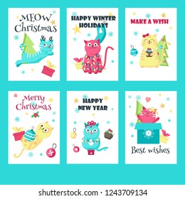 Vector set of Christmas cards with cute cats, gift boxes, christmas trees, balls, holly berries and holiday greetings. Funny cats wearing xmas tree lights and deer antler headband.