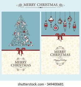 Vector set: Christmas cards with Christmas decorations and Holiday tree. hand drawn