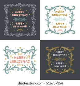 Vector set of Christmas cards with Christmas decorations. Hand drawn