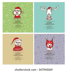 Vector set: Christmas cards with Christmas elk , owl, bear and snowman. Hand drawn 