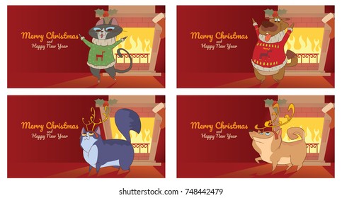 Vector set of Christmas cards with fireplace, sock, mistletoe and with cartoon images of cute Christmas cats and dogs smiling with different actions on a red background. Christmas, New Year, holiday.