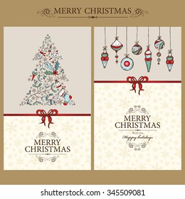 Vector set: Christmas cards with Holiday tree and Christmas decorations.hand drawn