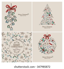 Conjunto de vectores: Tarjetas navideñas con árbol de Navidad, decoraciones navideñas y mistletoe. dibujado a mano