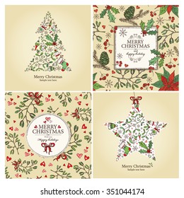 Vector set: Christmas cards and  Holiday tree.hand drawn 
