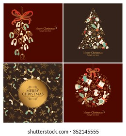Vector set: Christmas cards with Holiday tree, Christmas decorations and mistletoe. hand drawn