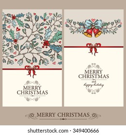 Vector set: Christmas cards with holly, mistletoe and bell. hand drawn 