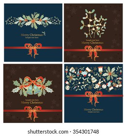 Vector set: Christmas cards with mistletoe, bell and Christmas decorations.hand drawn 