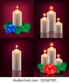 Vector set of christmas cards. Realistic illustrations of burning candles on dark red background with christmas tree branches and bow ties. 