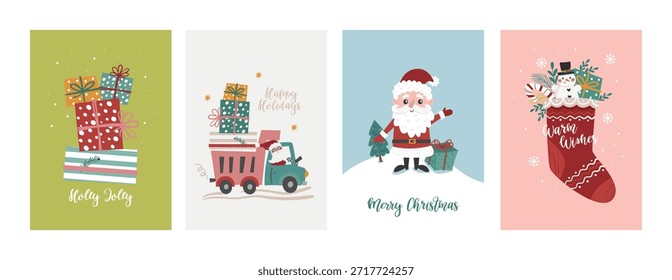 Vector conjunto de tarjetas de Navidad con Santa en un camión, cajas con regalos y un calcetín de Navidades. Perfecto para tarjetas de Navidad, carteles.