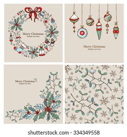 Vector set: Christmas cards and Christmas seamless with Christmas decorations.drawing