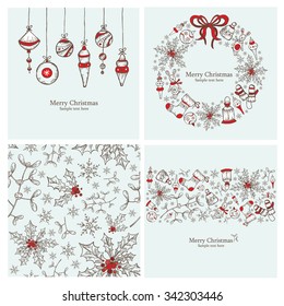 Vector set: Christmas cards and Christmas seamless with Christmas decorations.hand drawn 