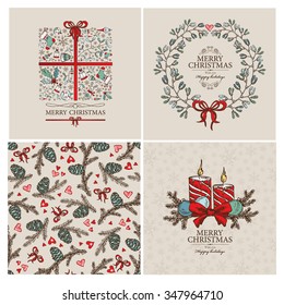Conjunto de vectores: Tarjetas navideñas y decoraciones navideñas sin fisuras, de tiempo y navidad. Dibujado a mano 