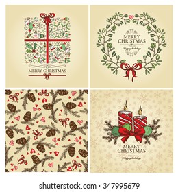 Vector set: Christmas cards and Christmas seamless, weath and Christmas decorations.hand drawn 