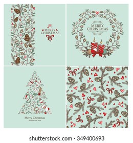 Vector set: Christmas cards and Christmas seamless, wreath and Holiday tree. hand drawn 