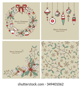 Vector set: Christmas cards and Christmas seamless with mistletoe  and Christmas decorations. drawing