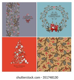 Vector set: Christmas cards and Christmas seamless, wreath and Holiday tree. hand drawn 