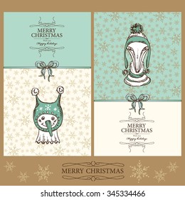 Vector set: Christmas cards with snowman and a fox. hand drawn 
