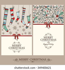 Vector set: Christmas cards with Christmas stocking, holly and mistletoe. hand drawn