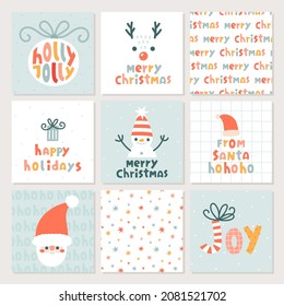 Vector set with Christmas cards. Winter holiday cards with cute characters - deer, snowman, Santa. Flat style illustration. Vector design templates.