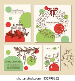 Vector set. Christmas cards and Christmas wreath . hand drawn 